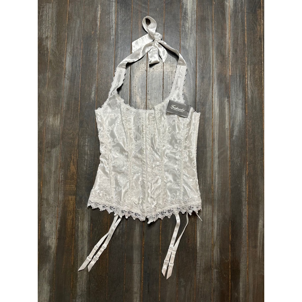 Fredericks of Hollywood White Damask Halter Corset Top Garter Straps